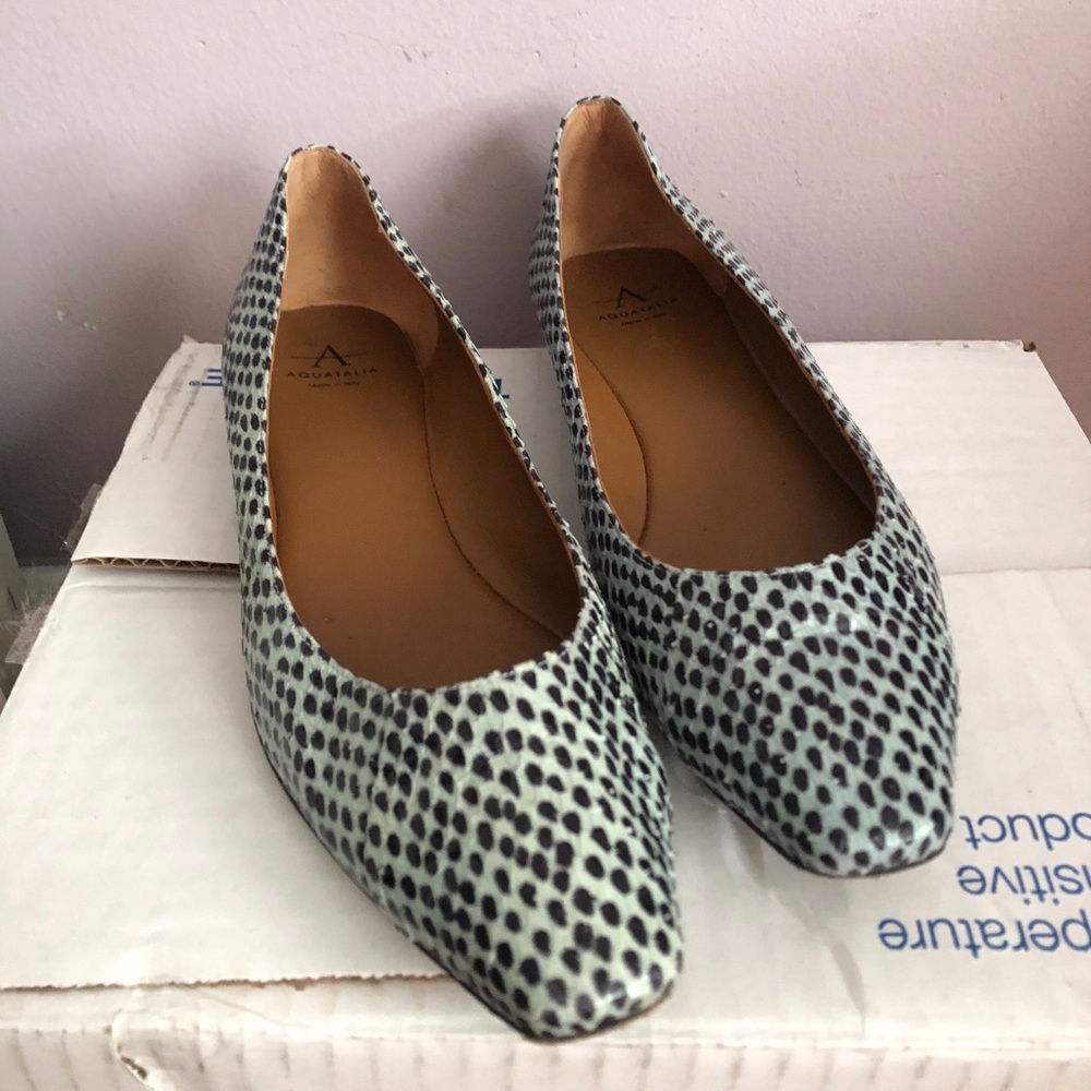 Italian Leather Flats Aquatalia 6.5 eased square toe green gray snake pattern